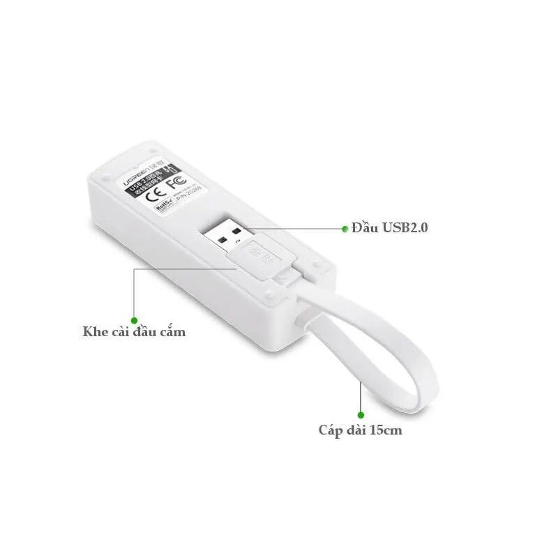 Ugreen UG2026820268TK 15CM màu Trắng Cáp chuyển đổi USB 2.0 sang cổng LAN RJ45 tốc độ 100Mbs dáng dẹt - HÀNG CHÍNH HÃNG