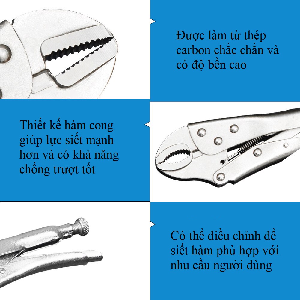 Bộ 3 Kìm bấm chết 5-7-10 inch có nút điều chỉnh, chất liệu thép mạ niken chuyên dụng kẹp và giữ cố định vật cần kẹp