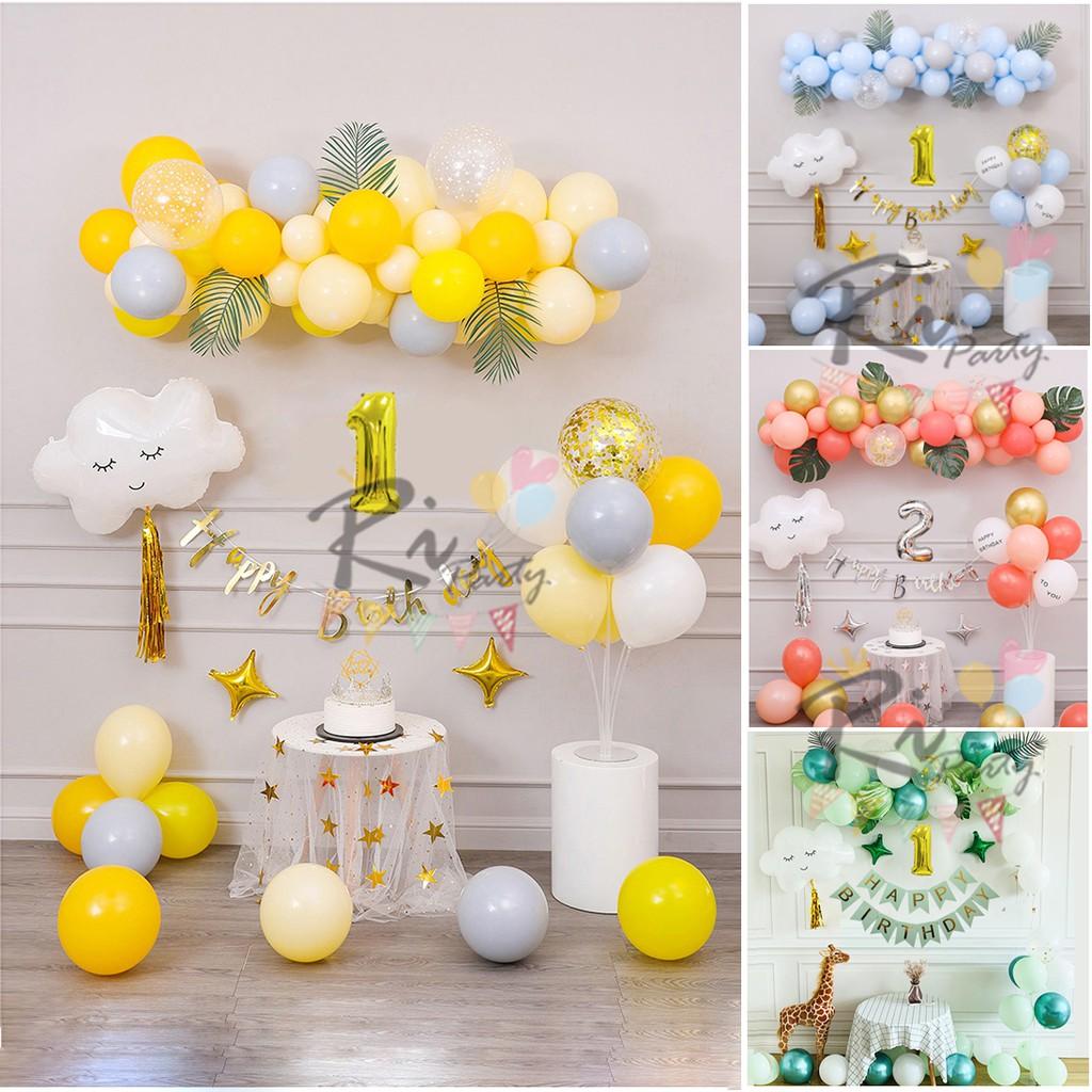 Set bóng trang trí sinh nhật Happy Birthday, tông Vàng, Hồng San hô, XAnh lad , Xanh dương