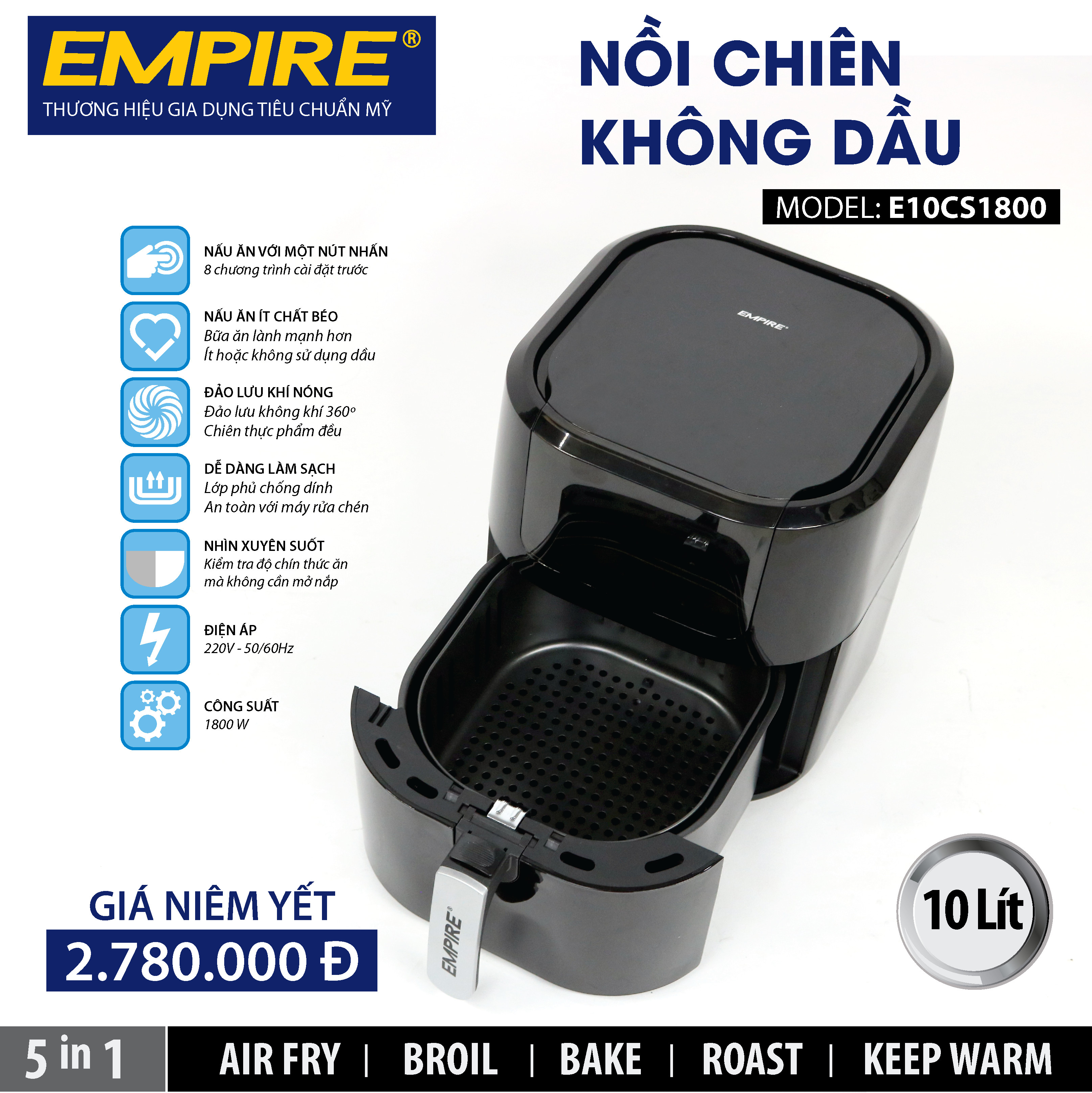 Nồi chiên không dầu EMPIRE 10 lít model E10CS1800 - HÀNG CHÍNH HÃNG - HÀNG NHẬP KHẨU