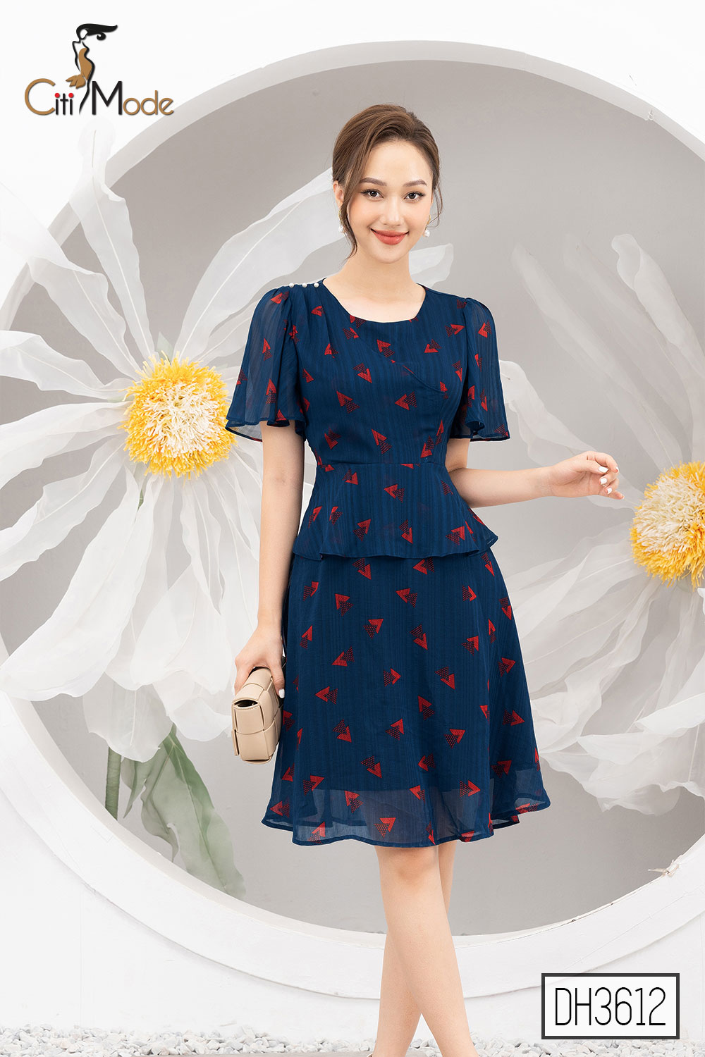 Đầm xòe peplum xanh than phối họa tiết CITI MODE cổ V tay bèo chất Voan cao cấp DH3612