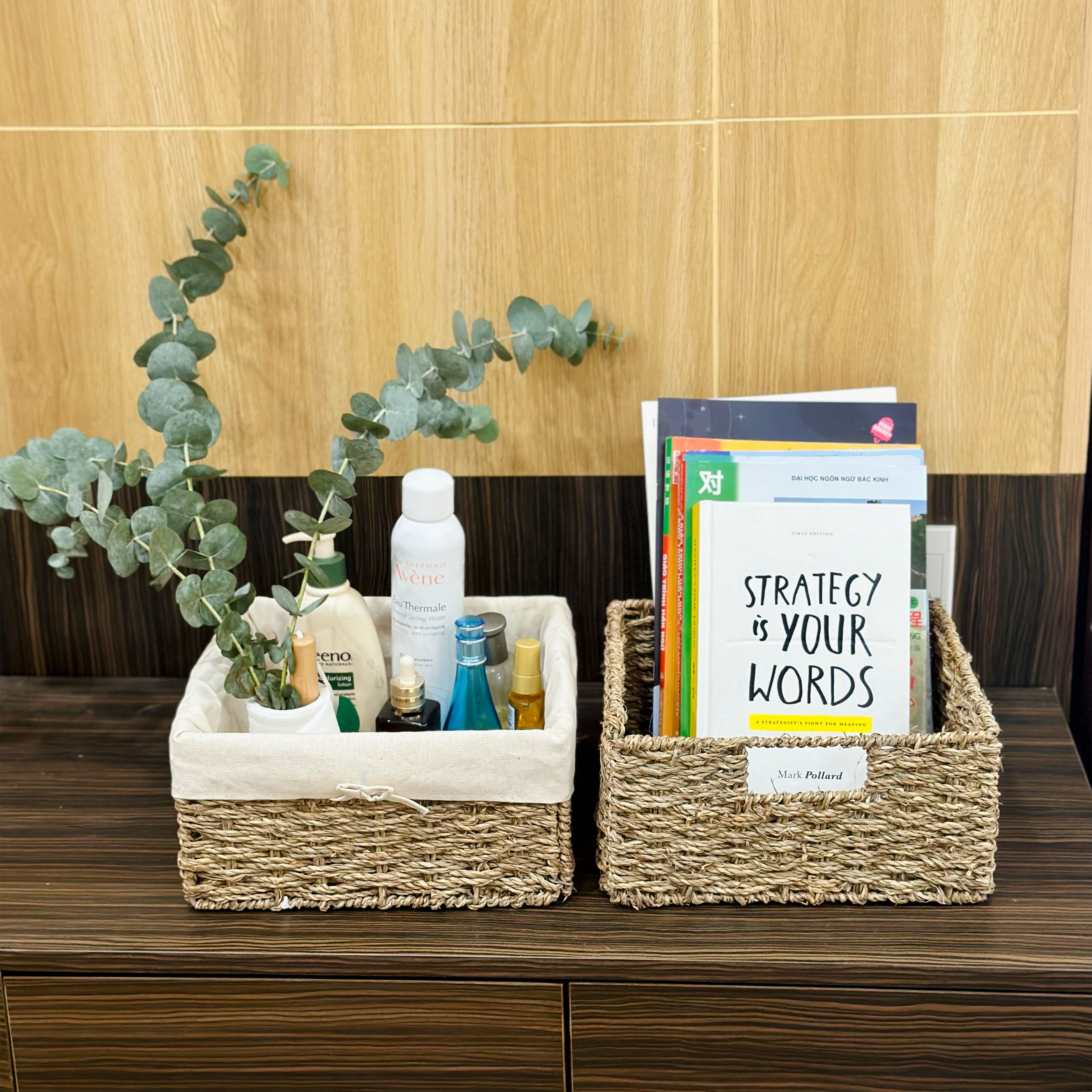 Giỏ cói có vải hình vuông URSPACE đựng mỹ phẩm, sách báo, trang trí decor