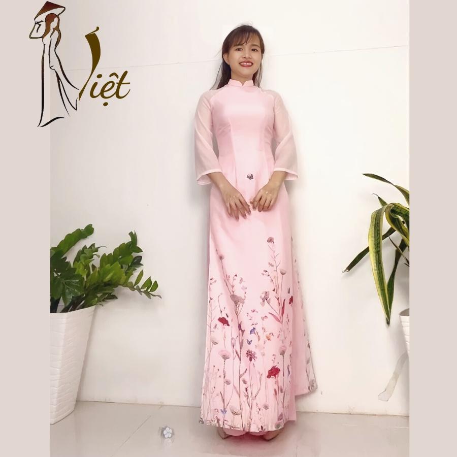 Áo dài may sẵn 4 tà hồng phấn xinh xắn dễ thương