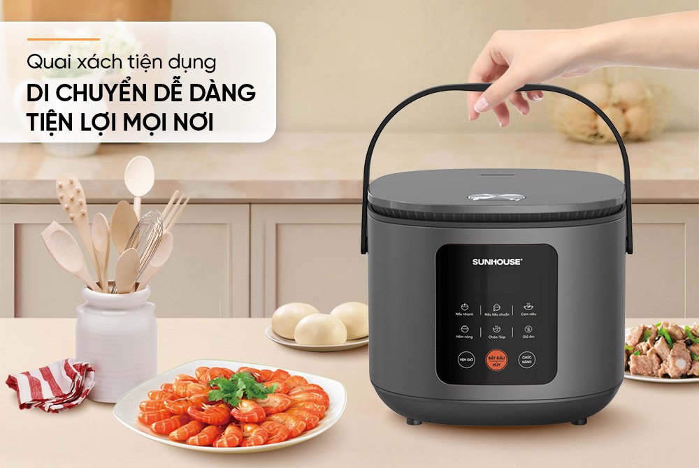 Nồi cơm điện tử 1.5L Sunhouse SHD8825 - 700W, 6 chức năng, Hẹn giờ nấu 24h, Chống dính Daikin 2 lớp, Lòng nồi 1.2mm - Hàng chính hãng