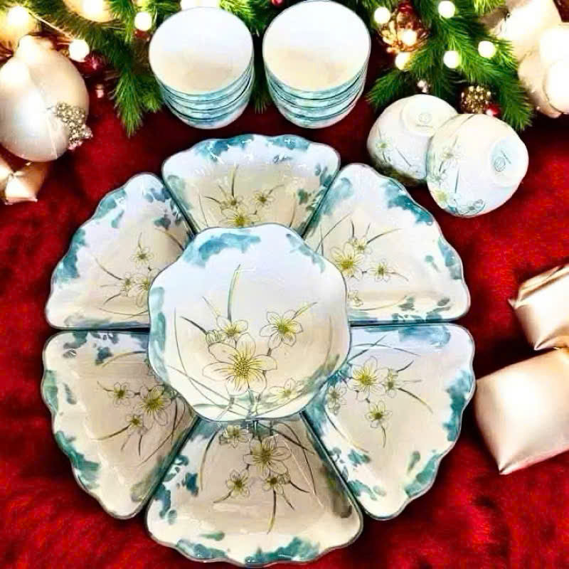 Bộ Bát Đĩa Gốm Sứ Cao Cấp, Hoa Mặt Trời Thắp Hương, Cúng Gia Tiên Hoa Thủy Tiên - HÀNG CHÍNH HÃNG MINIIN