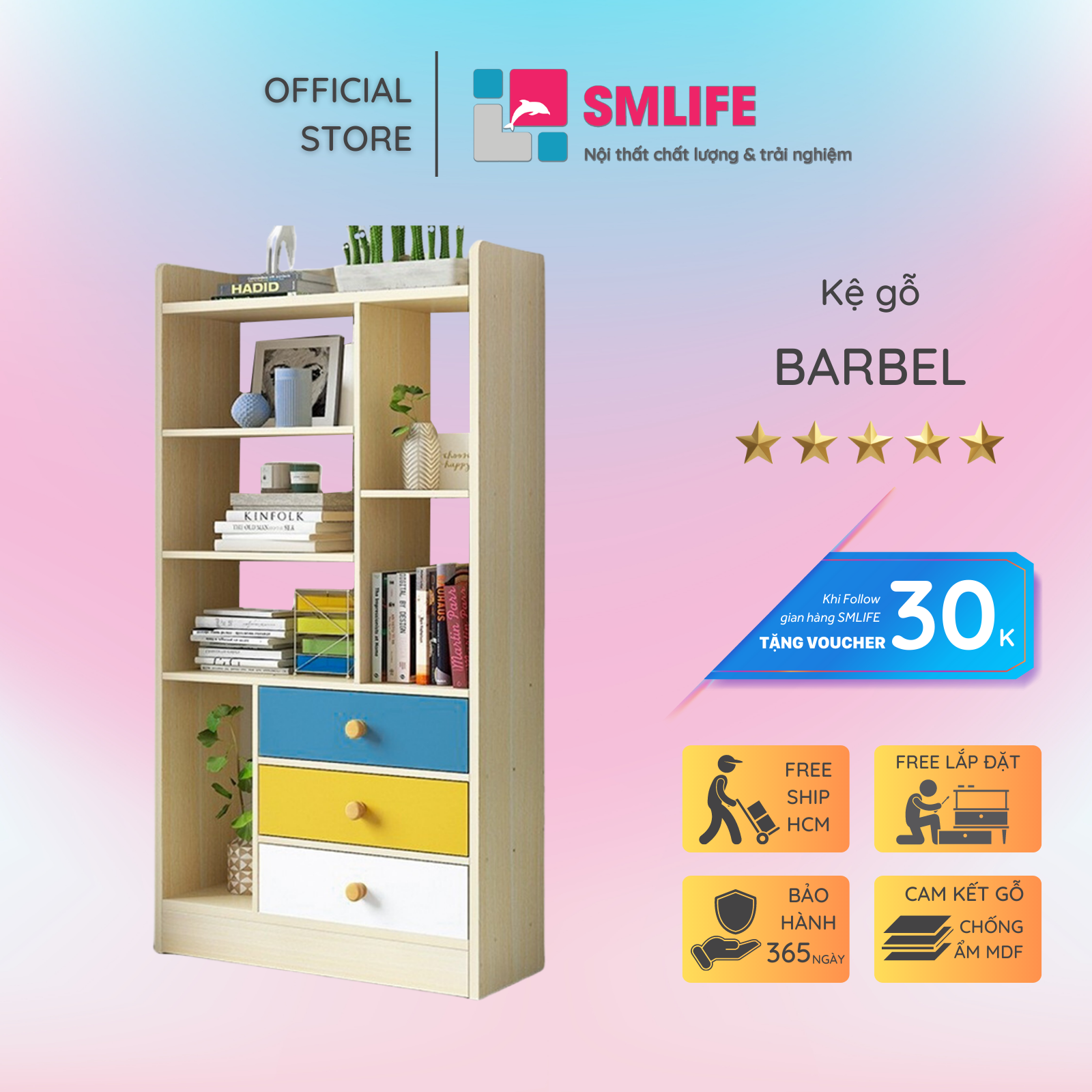 Kệ đỡ sách bằng gỗ công nghiệp nhỏ gọn SMLIFE Barbel