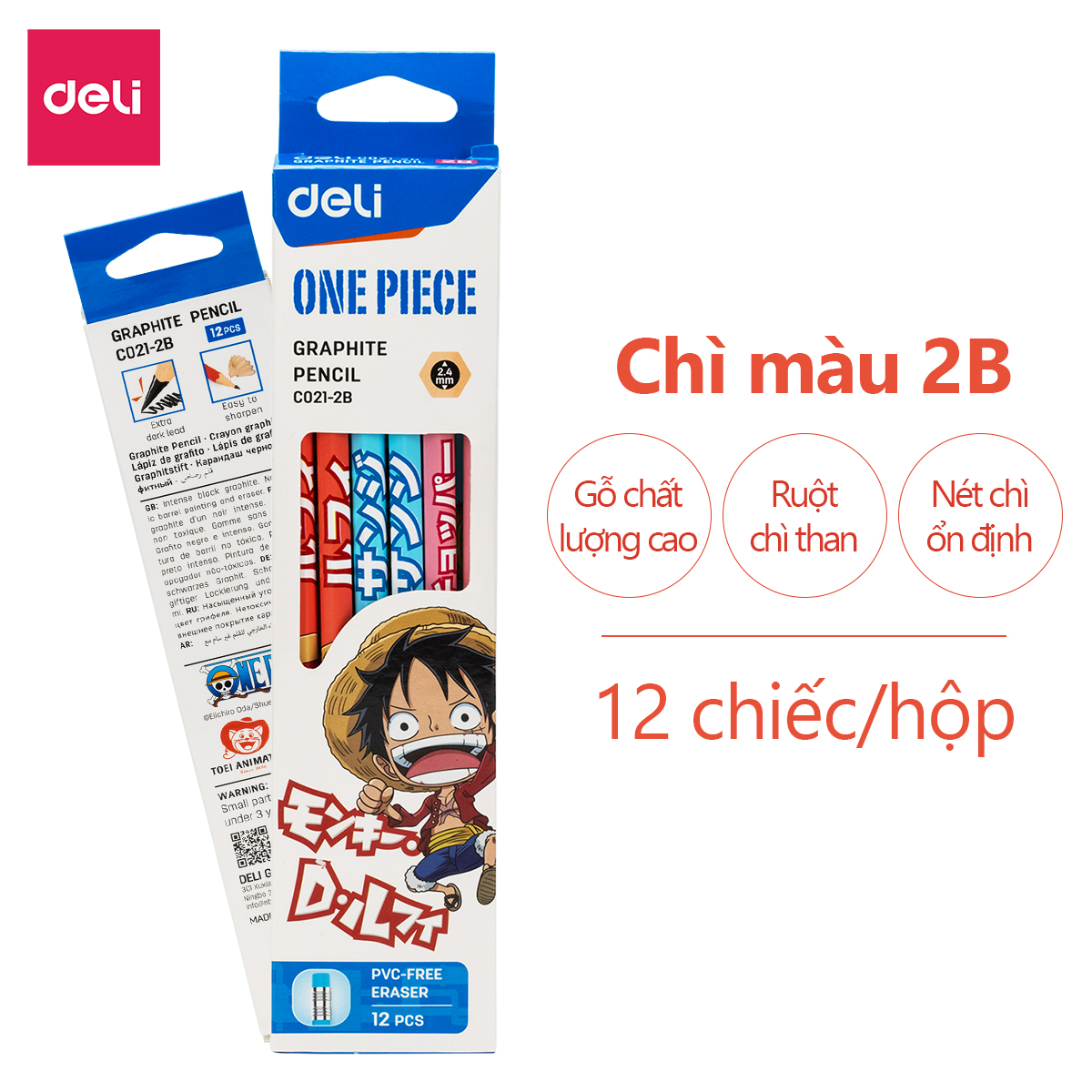 Bút chì lục giác có tẩy One Piece Deli - Bút chì gỗ - Phù hợp cho học sinh viên văn phòng ghi chú tập viết vẽ phác thảo - Loại 2B/HB - 12 chiếc/hộp - EC021