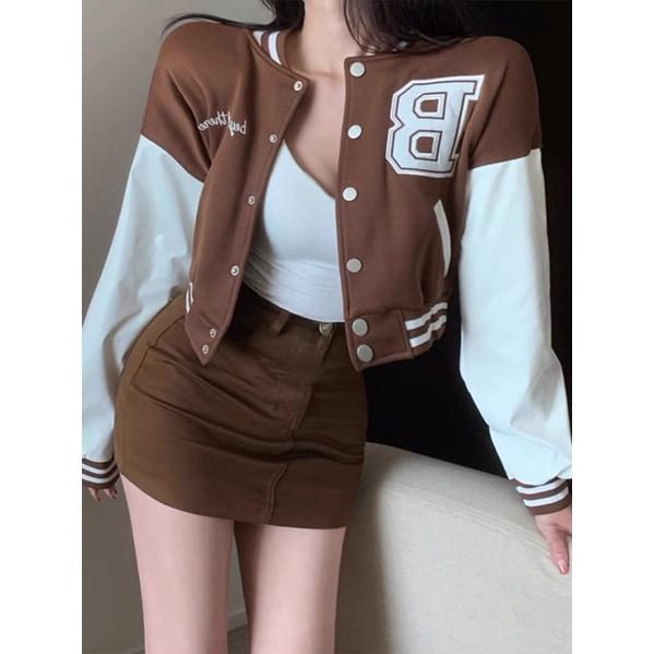 Áo khoác bóng chày bomber lửng croptop kaki da lộn 2 lớp thêu unisex ulzzang nam nữ