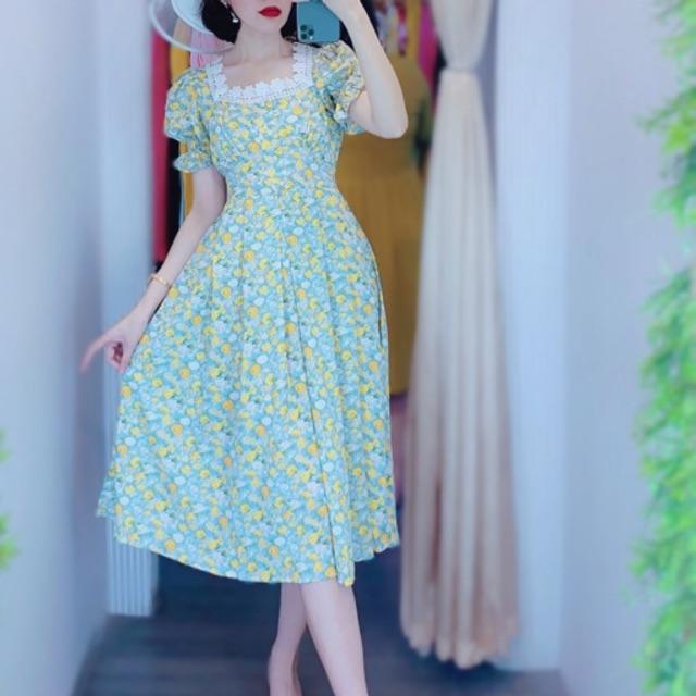 Đầm hoa cổ U viền ren phối tay bo chun