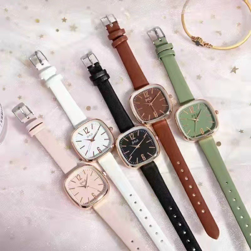 Đồng hô thời trang nữ mặt vuông JHUI DSDH97 chống nước sinh hoạt nhẹ dây da dành cho học sinh cấp 2 sinh viên - Đồng hồ dây da nữ casual chống nước giá rẻ dùng pin