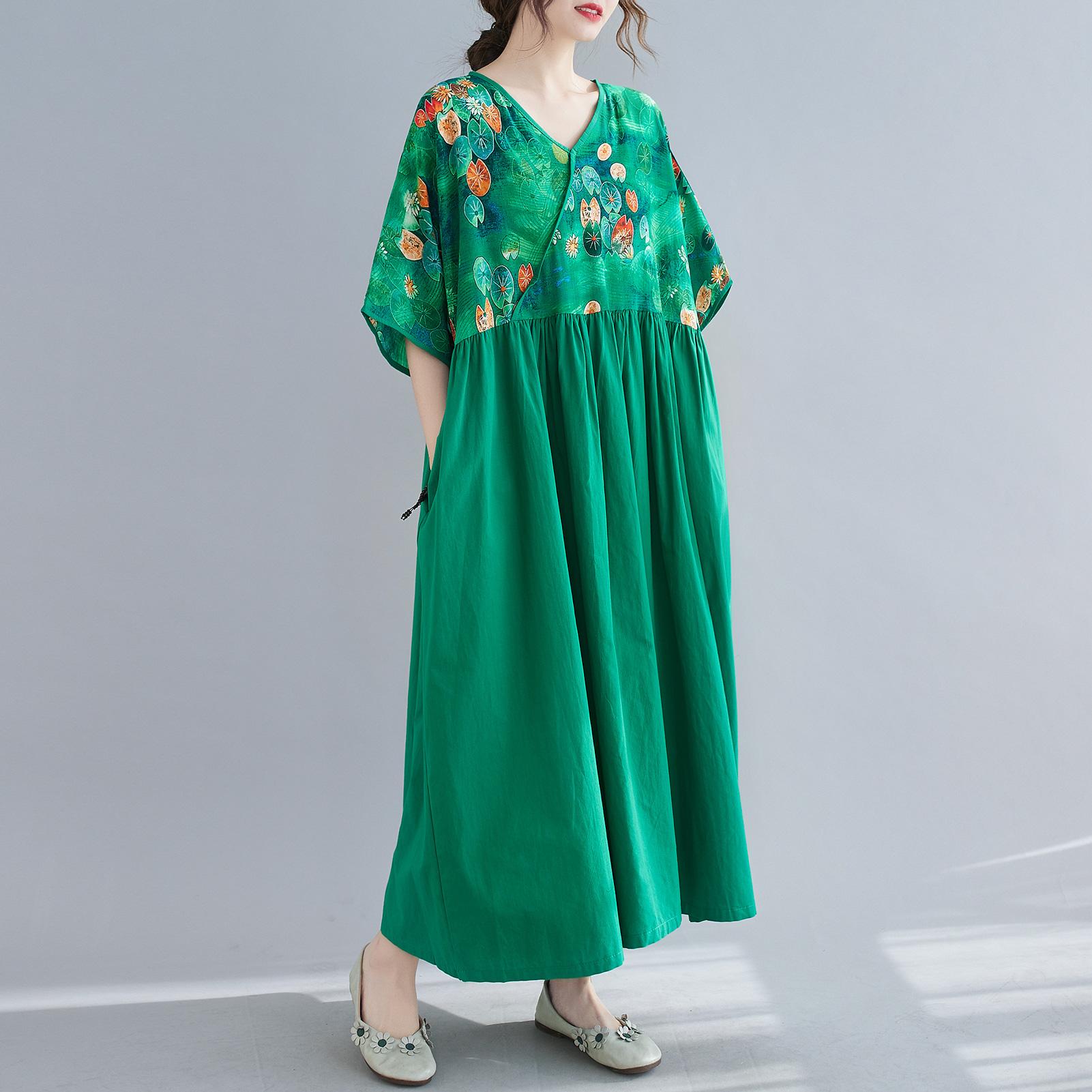 Vintage Women Cotton Linen Dress Print Splicing V Neck Wrapover Short Sleeve Pocket Casual Loose Oversized Maxi Dress