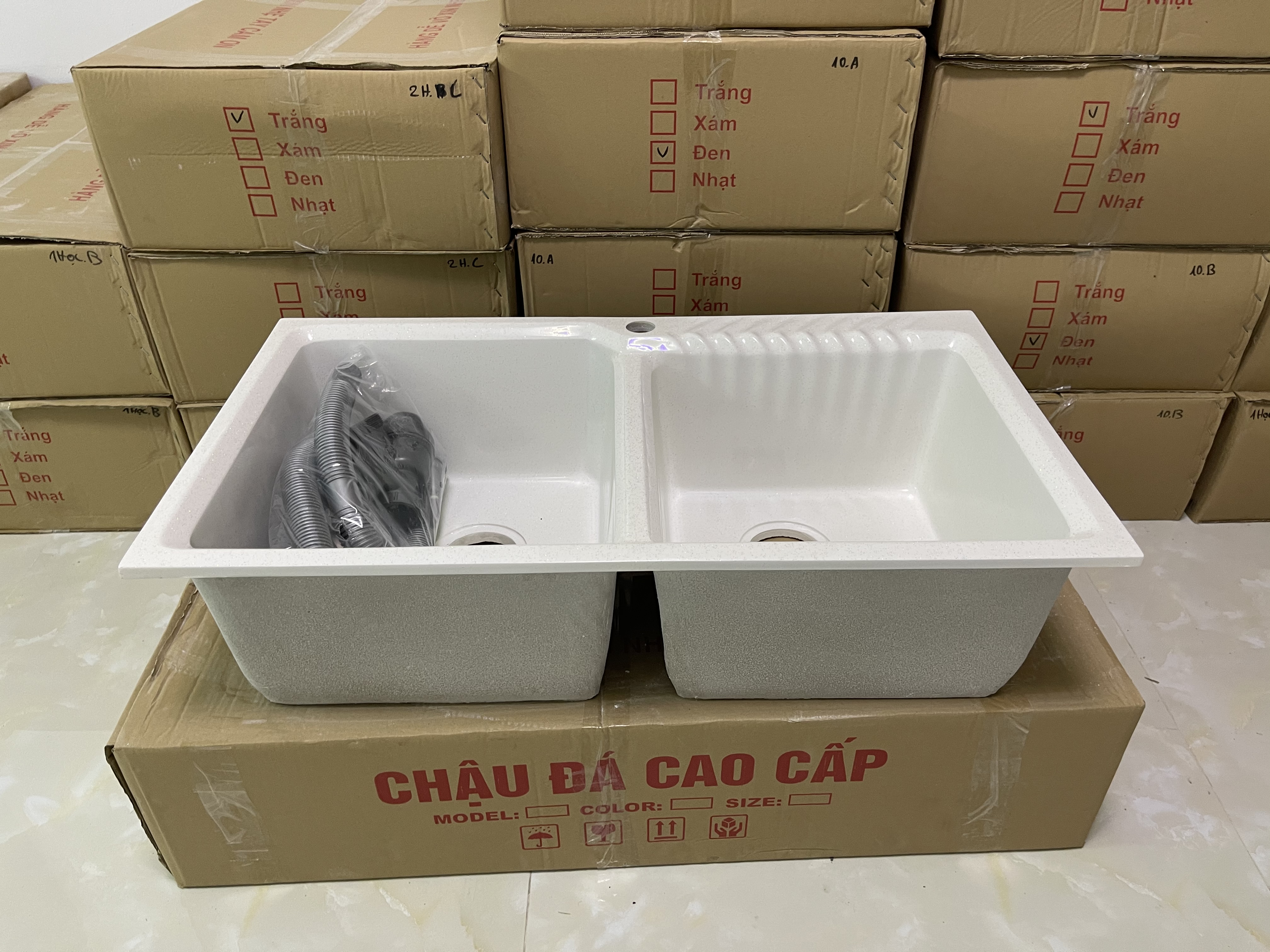 Chậu rửa chén đá nhân tạo màu trắng 2 hộc KT 85*48*20