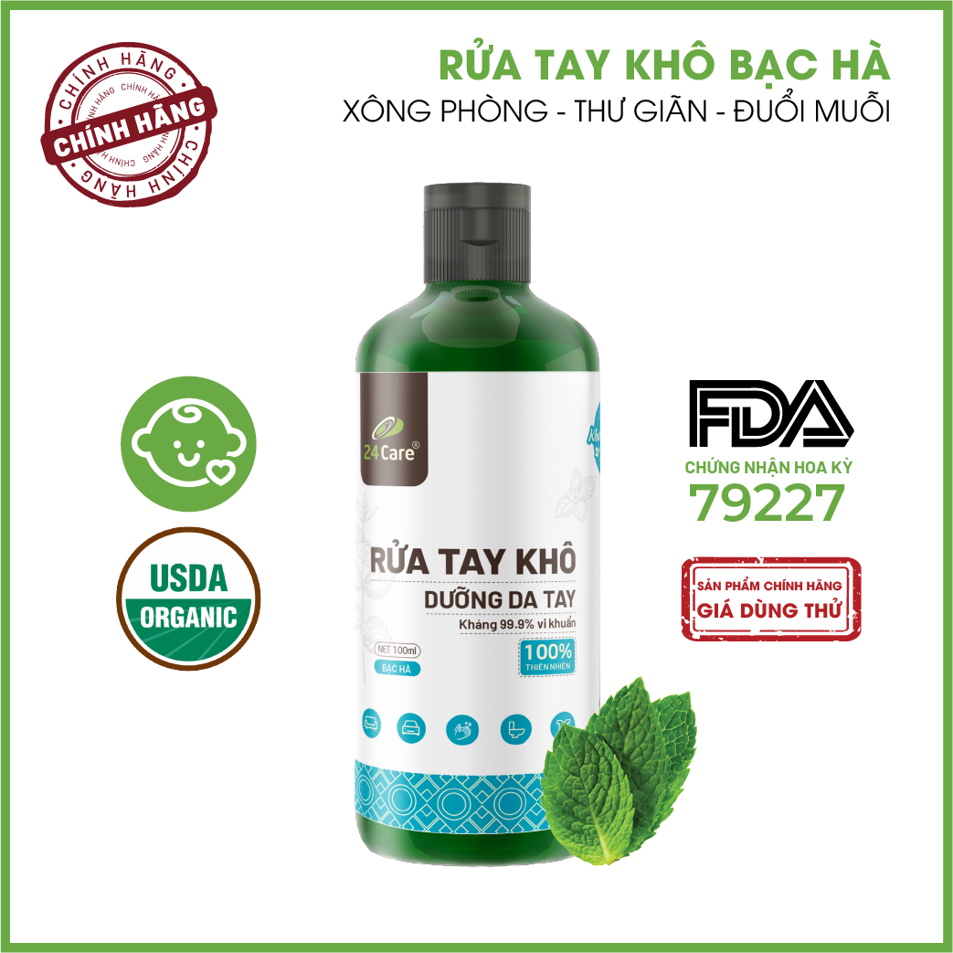 Nước rửa tay khô tinh dầu Bạc Hà 24Care - Có chứng nhận diệt khuẩn 99,9% đạt tiêu chuẩn FDA