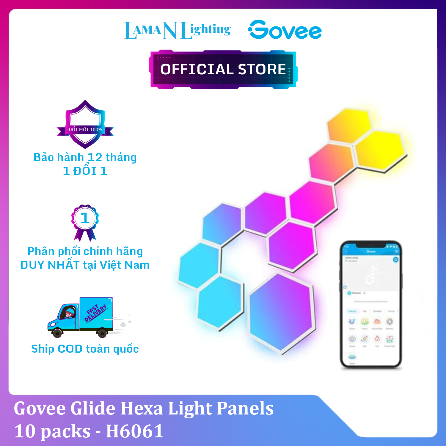 Đèn LED lục giác Govee Glide Hexa Light Panels H6061 | DIY trang trí tường, lắp ghép thông minh, 40 chế độ màu sẵn | Hàng chính hãng