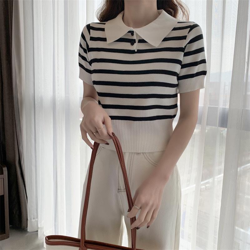 Áo len mongtoghi polo dệt kim nữ tay ngắn dáng rộng kiểu cổ bẻ kẻ sọc ngang phong cách hàn Quốc trẻ trung