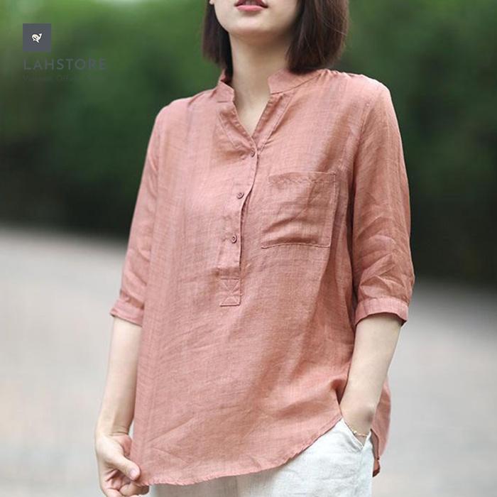 Áo sơ mi tay lỡ nữ cổ tàu bổ trụ LAHSTORE, phong cách Hàn Quốc cho mùa hè 2022 năng động