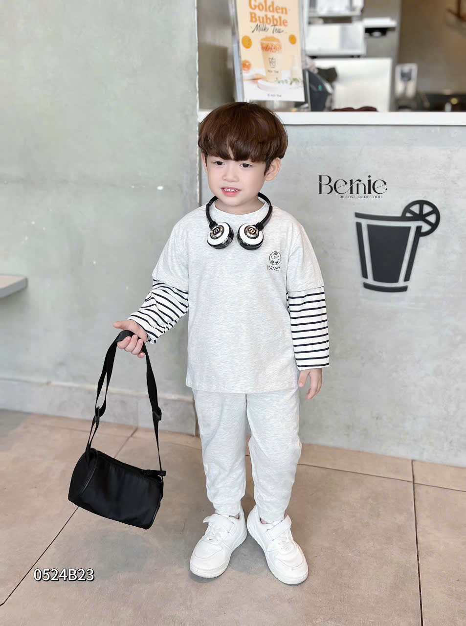Bộ dài tay bé trai 1-7 tuổi chữ PLAN phối kẻ dáng thời trang thoáng vải co giãn thấm hút mồ hôi