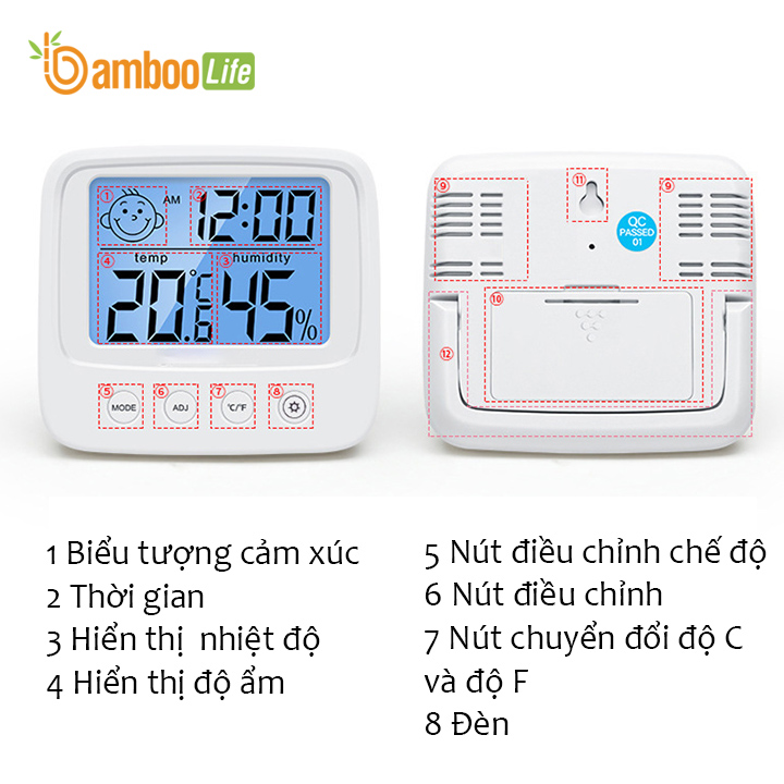 Nhiệt ẩm kế Bamboo Life Nhiệt kế điện tử đo nhiệt độ phòng Ẩm kế điện tử đo độ ẩm phòng ngủ thông minh có đèn nhỏ gọn chính xác hàng chính hãng