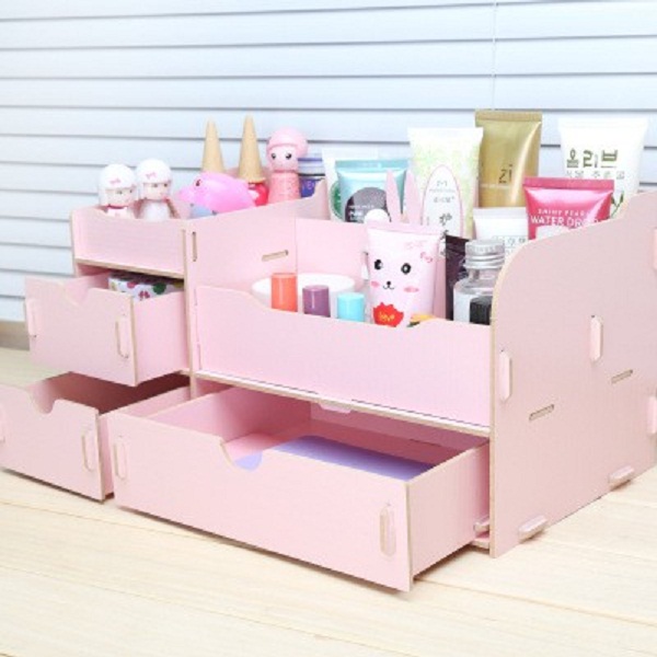 Kệ gỗ đựng đồ trang điểm 2 tầng 5 ngăn- Màu hồng trơn