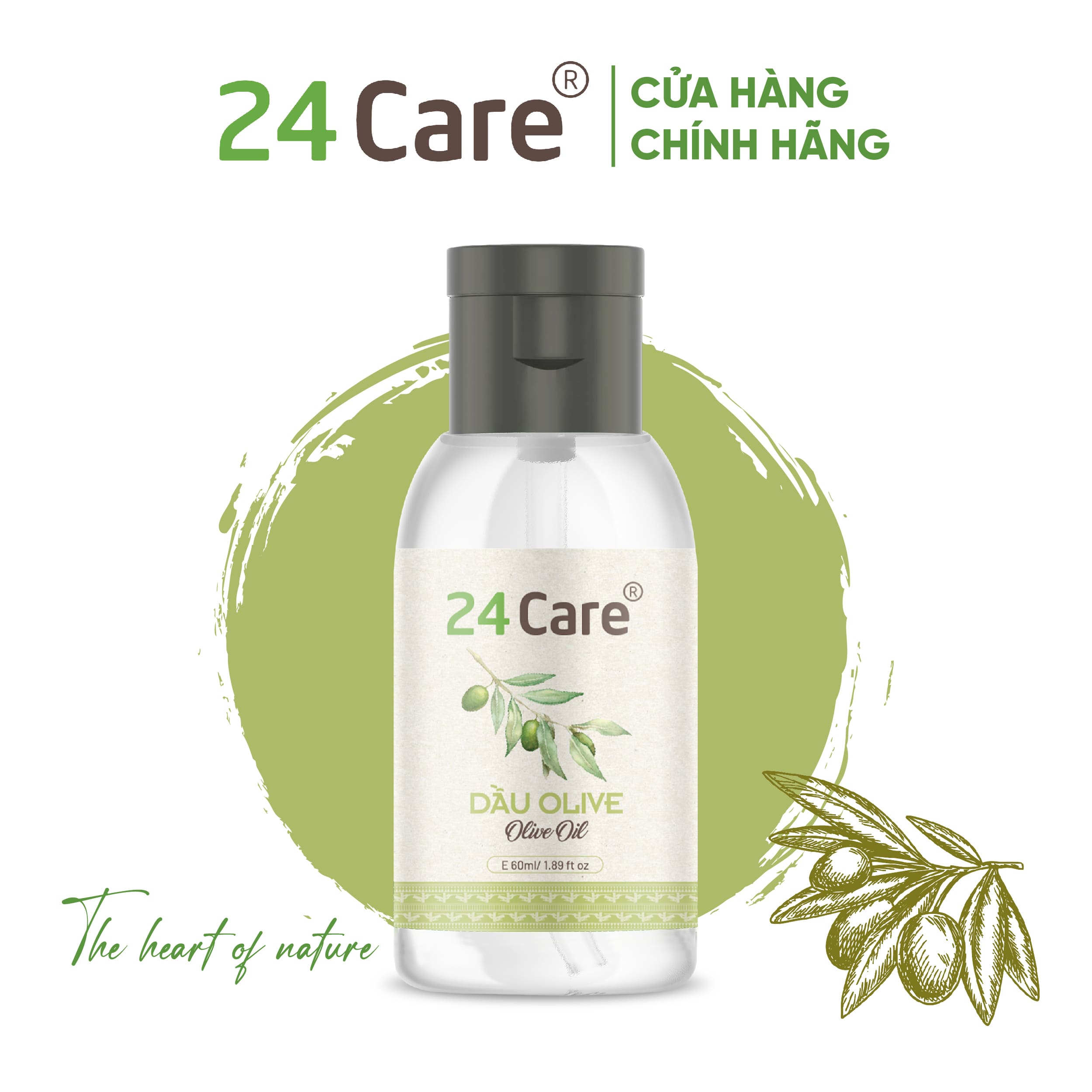 Dầu Olive 24Care Nguyên Chất - Dưỡng trắng da, giảm mụn, dưỡng ẩm da, tẩy lớp trang điểm sạch sâu - Dung tích 60ml