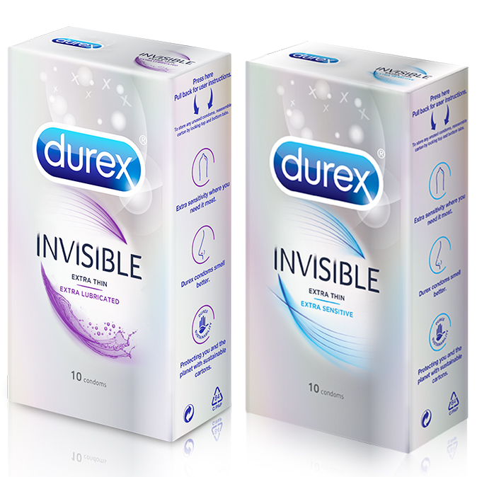 Bao Cao Su Siêu Mỏng, Thêm Chất Bôi Trơn Durex Invisible Extra Lub Hộp 10s + Bao Cao Su Siêu Mỏng Invisible Hộp 10s