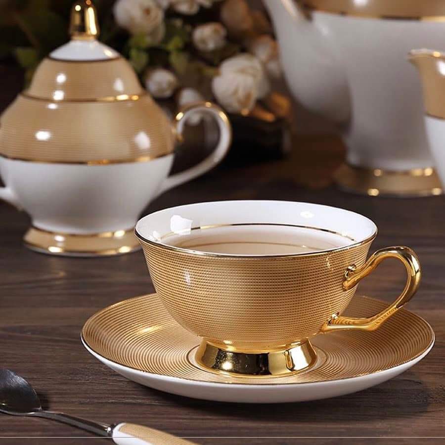 Ấm Chén  Sứ Xương mạ vàng Kèm Bình đường Rót sữa Cao Cấp.