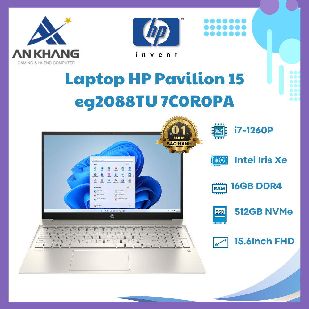 Laptop HP Pavilion 15-eg2088TU 7C0R0PA (Core i7-1260P | 16GB | 512GB | Intel Iris Xe | 15.6 inch FHD | Win 11 | Vàng) - Hàng Chính Hãng - Bảo Hành 12 Tháng