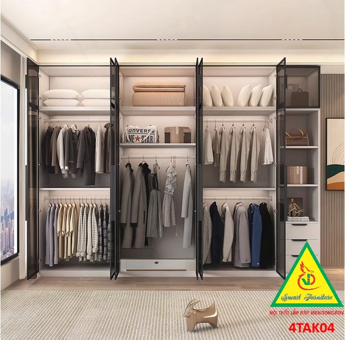 Tủ quần áo gỗ MDF cánh kính cường lực khung nhôm 4TAK04 - Nội thất lắp ráp Viendong Adv