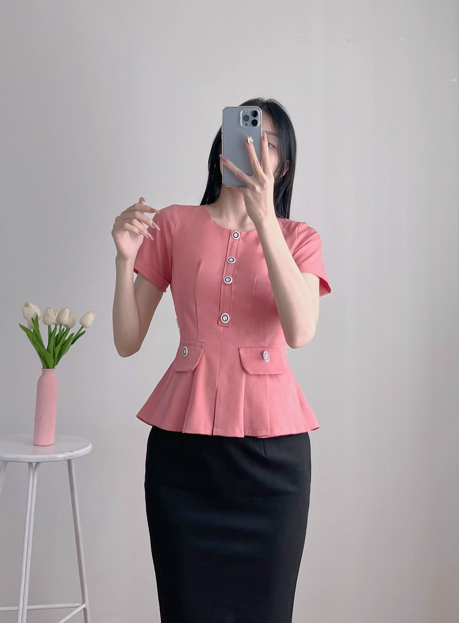 Áo kiểu peplum công sở xếp ly eo phối túi giả siêu xinh - A56160 - hàng thiết kế cao cấp