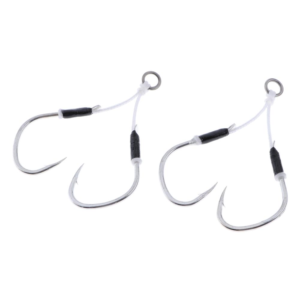 2 Pieces Carbon Steel Fishing Jig Hooks Barbed Assist Hooks with PE Line A