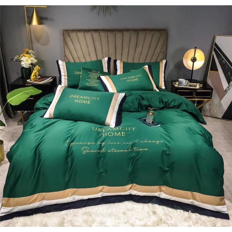 Bộ chăn ga gối lụa Dreamhome city cao cấp,gồm 1 vỏ chăn 1 ga 2 vỏ gối nằm-đỏ kẻ nhỏ