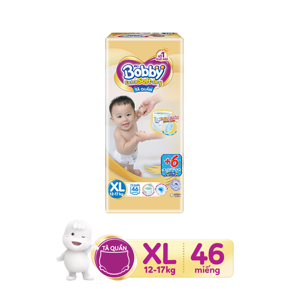 [Tặng kèm 6 miếng trong gói] Combo 2 Tã quần Bobby Extra Soft Dry XL46 dành cho bé 12 -17kg