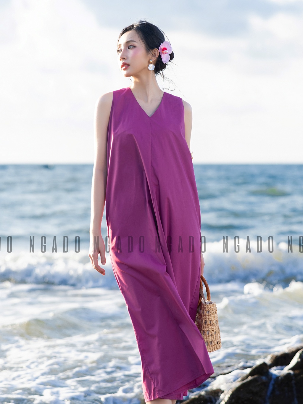 Đầm tím cổ tim NGADO , đầm nữ , Đầm suông , Đầm thiết kế