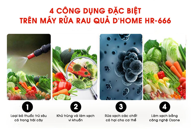 Máy Rửa Rau Củ HR-666 - Khử Trùng Thực Phẩm Rau Củ Quả, Các Loại Thịt, Thủy Hải Sản Bằng Sục Ozone 10L - Hàng Chính Hãng