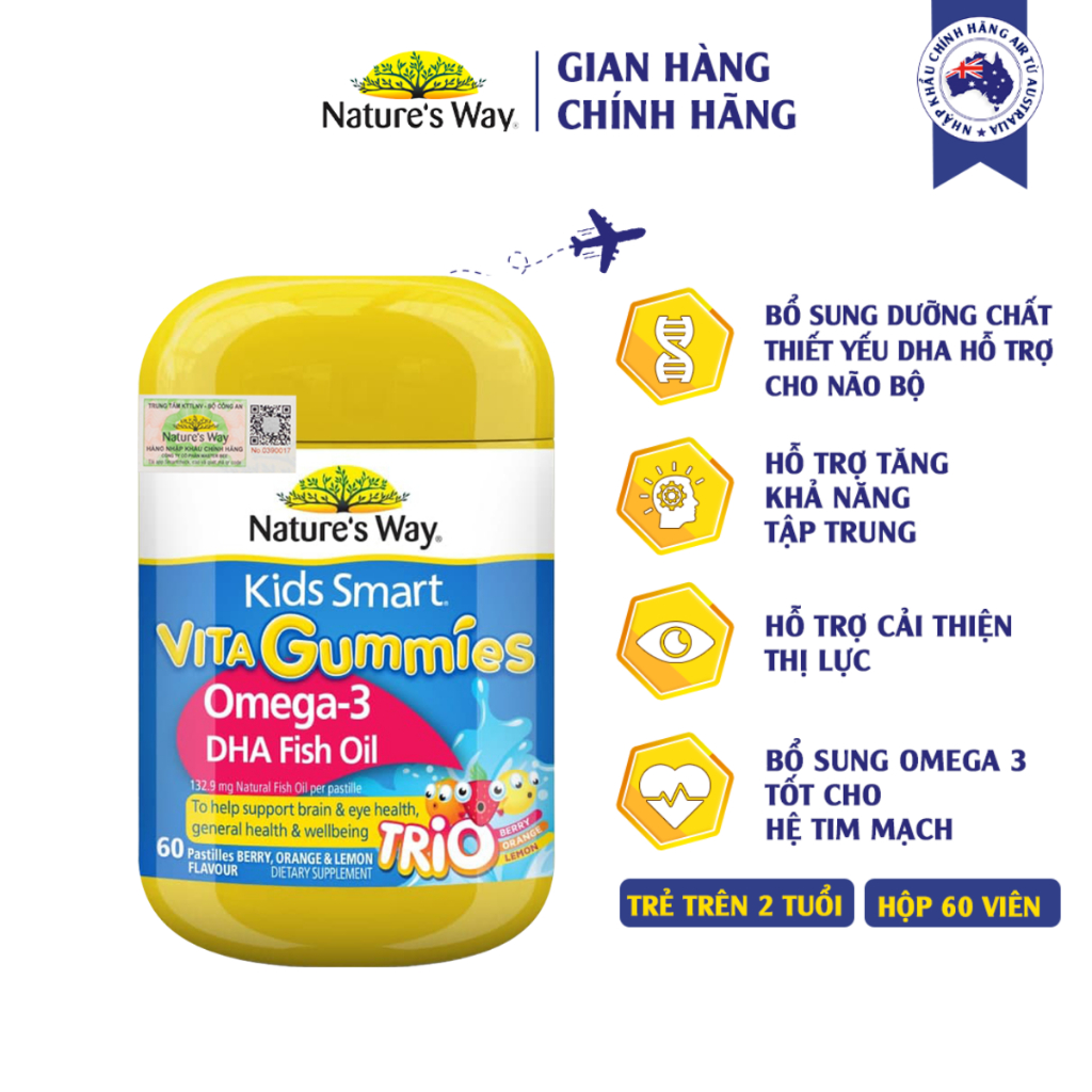 Kẹo Dẻo Cho Bé Nature's Way Kids Smart Vita Gummies Omega-3 DHA Fish Oil Tăng Cường Trí Thông Minh Cho Bé Hộp 60v