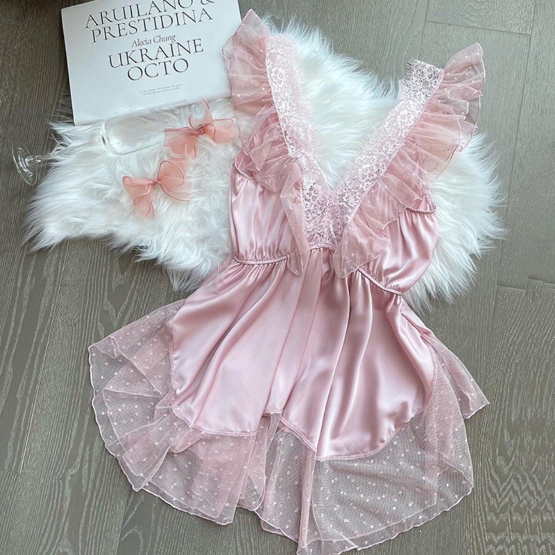 P2 Váy Ngủ Lụa Hai Dây Ren Sexy Gợi Cảm Đồ Ngủ Nữ Quyến Rũ Chất Liệu Satin Lụa Cao Cấp Freesize Dưới 58kg