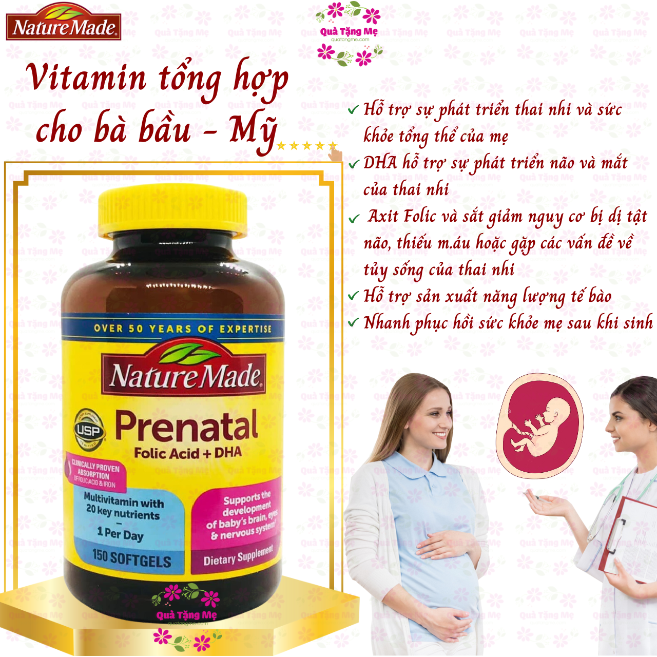 Vitamin cho bà bầu Prenatal Folic Acid+ DHA Nature Made giúp mẹ khỏe, bé phát triển não bộ, hệ thần kinh và thể lực - QuaTangMe Extaste