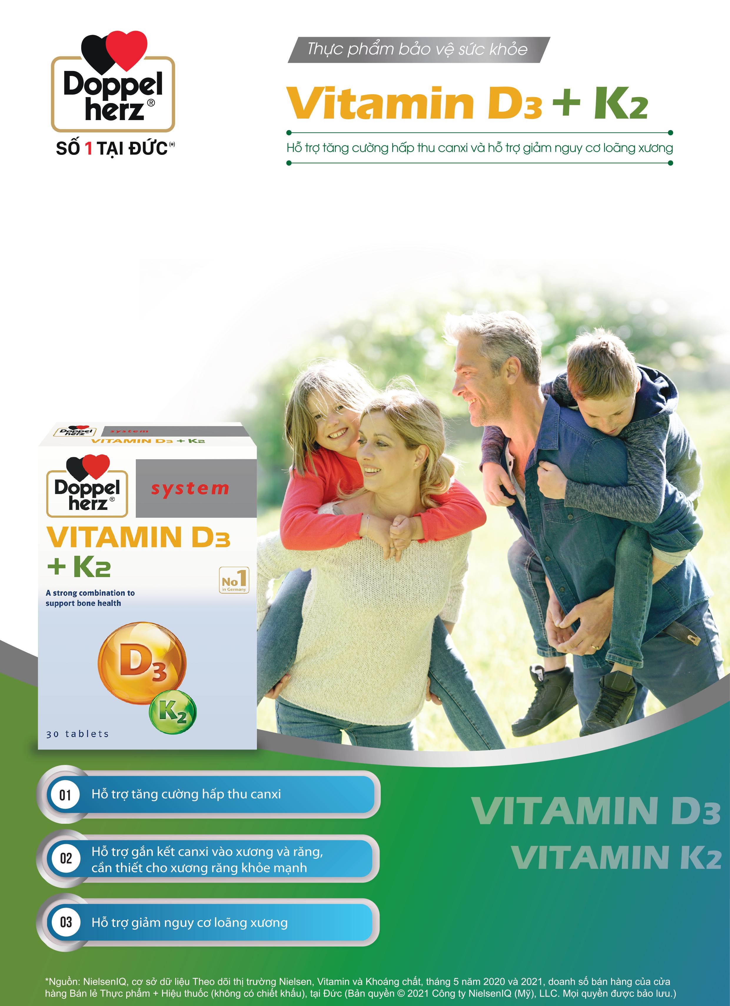 Viên uống D3 K2 Doppelherz Vitamin D3 + K2 hỗ trợ tăng cường hấp thu canxi, giảm nguy cơ loãng xương (Hộp 30 viên)