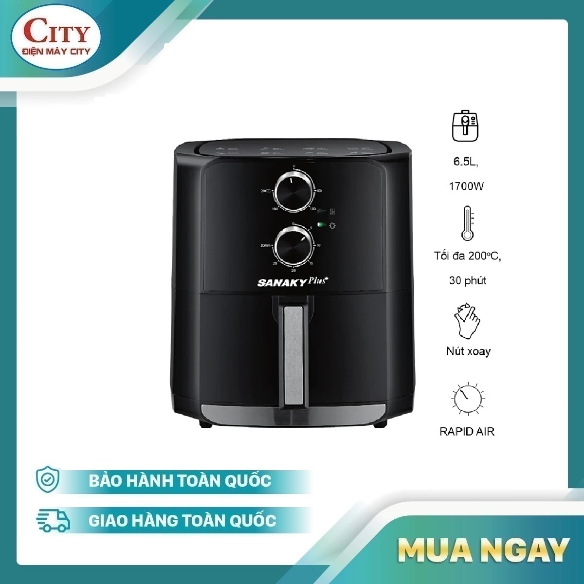 Nồi chiên không dầu điều khiển cơ Sanaky 6.5 lít VH-60AM1 - Hàng chính hãng