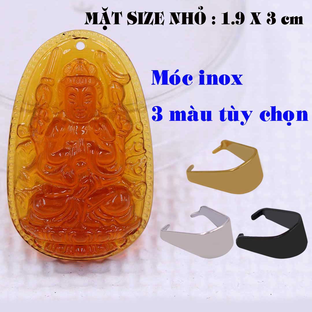 Mặt Phật Quan âm nghìn tay nghìn mắt pha lê cam 1.9cm x 3cm  kèm móc inox vàng, Mặt dây chuyền Quan âm bồ tát