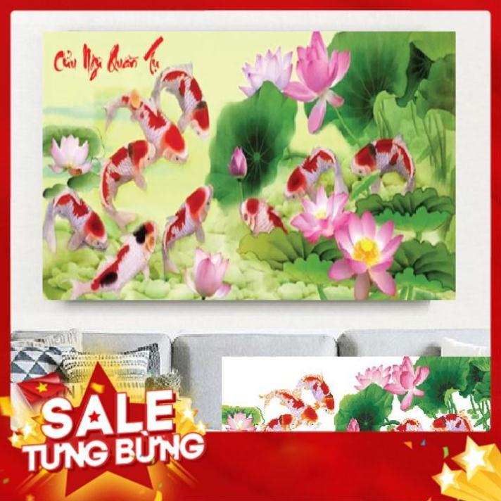 Tranh thêu chữ thập Cửu ngư quần hội KT 108*52cm