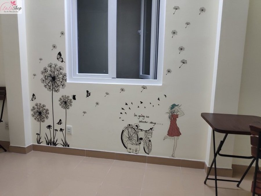 Decal dán tường hoa bồ công anh và cô gái combo trang trí lãng mạn