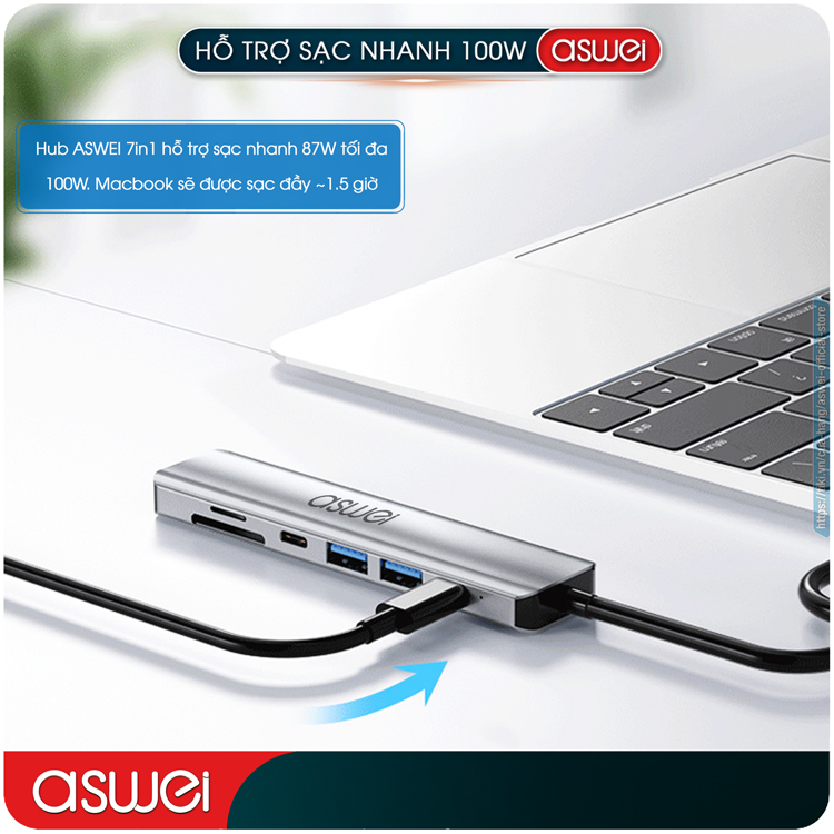 Hub Chuyển Đổi USB Type C ASWEI 7 in 1 To HDMI, USB 3.0, SD, TF, USB C, PD 100W - Hàng Chính Hãng