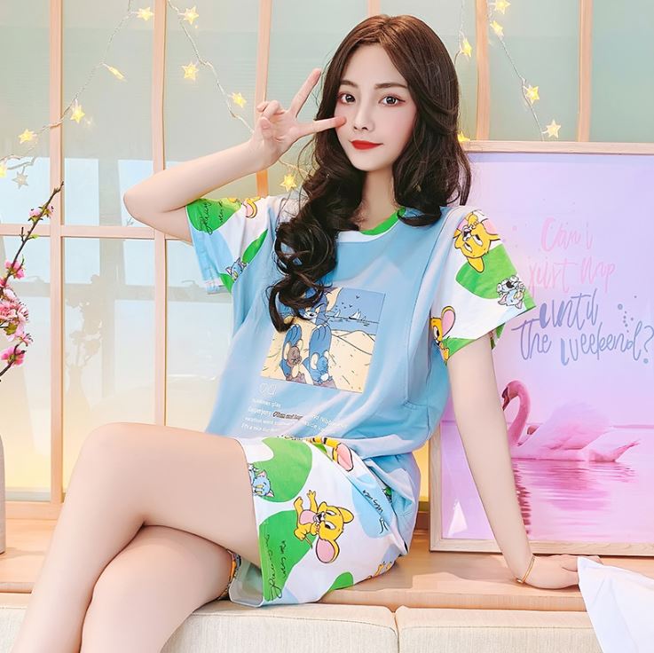 Đồ Bộ Bầu Và Sau Sinh Azuno BN001 Chất Liệu Cotton Có Chun Chỉnh Bụng Và Khe Mở Cho Con Bú Áo Cộc Quần Đùi Mặc Nhà Mùa Hè