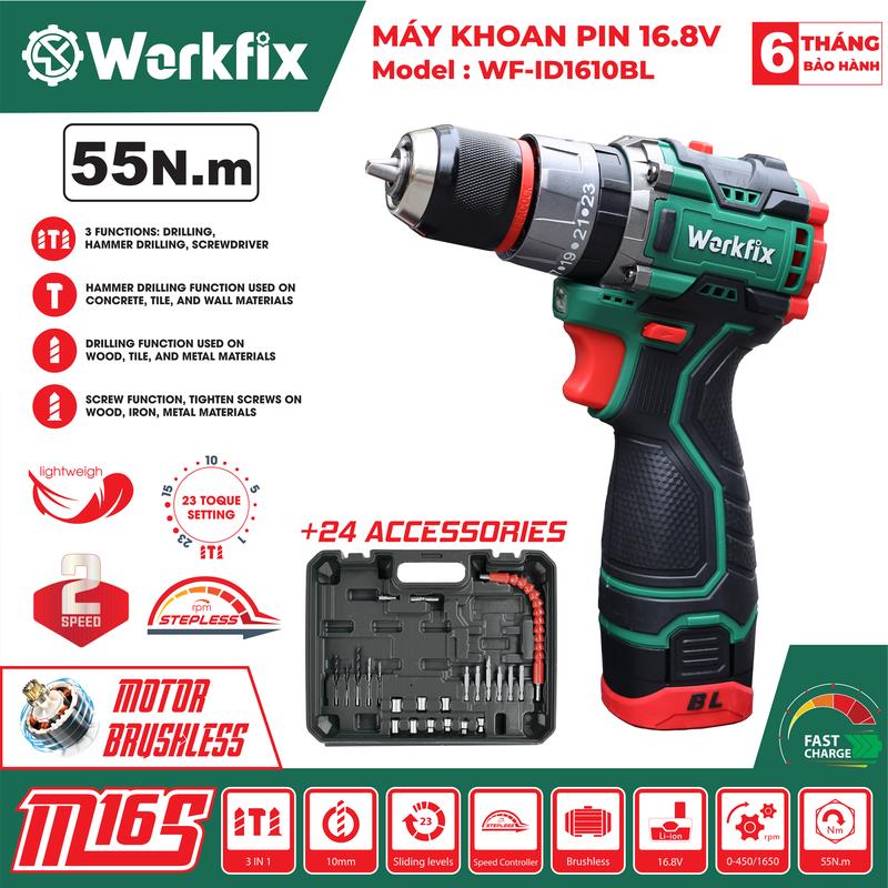 [ TẶNG phụ kiện 24 món] Máy Khoan 3 Chức Năng Workfix 16.8V - WF-ID1610BL - Động Cơ Từ Cao Cấp - 2 Pin 4 Cell  16.8V/2Ah