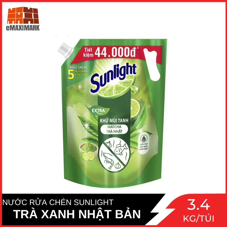 Túi Khổng Lồ Nước rửa chén Sunlight Extra Khử Mùi Tanh Matcha Trà Nhật Túi 3.4 Kg
