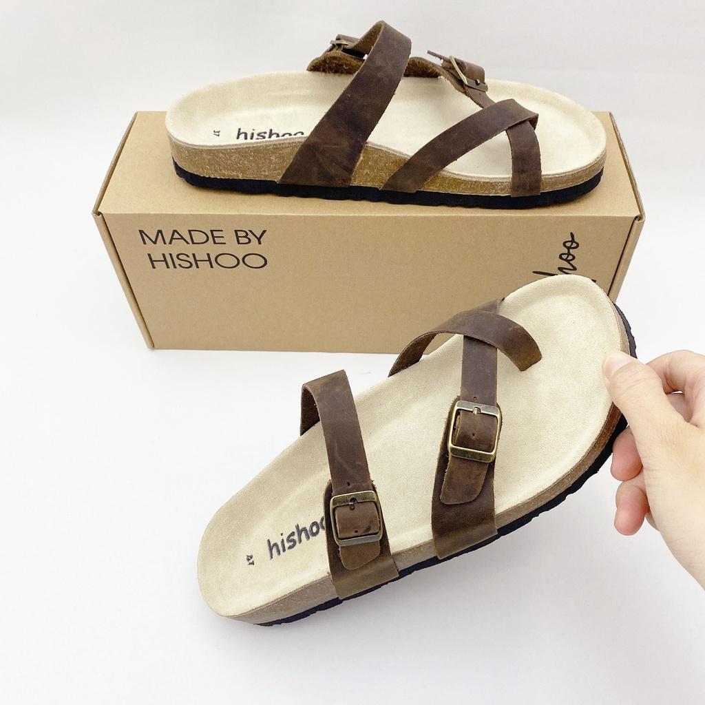 Dép đế trấu birken chất liệu da bò sáp nam nữ unisex 2 khóa quai xỏ ngón size 35 - 43 chính hãng Hishoo S102