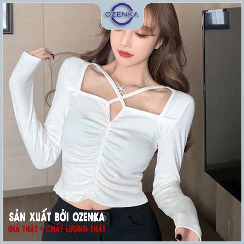 Áo croptop tay dài nữ cổ vuông nhún giữa OZENKA , áo crt kiểu thun cotton mặc thu đông màu đen trắng dưới 55 kg