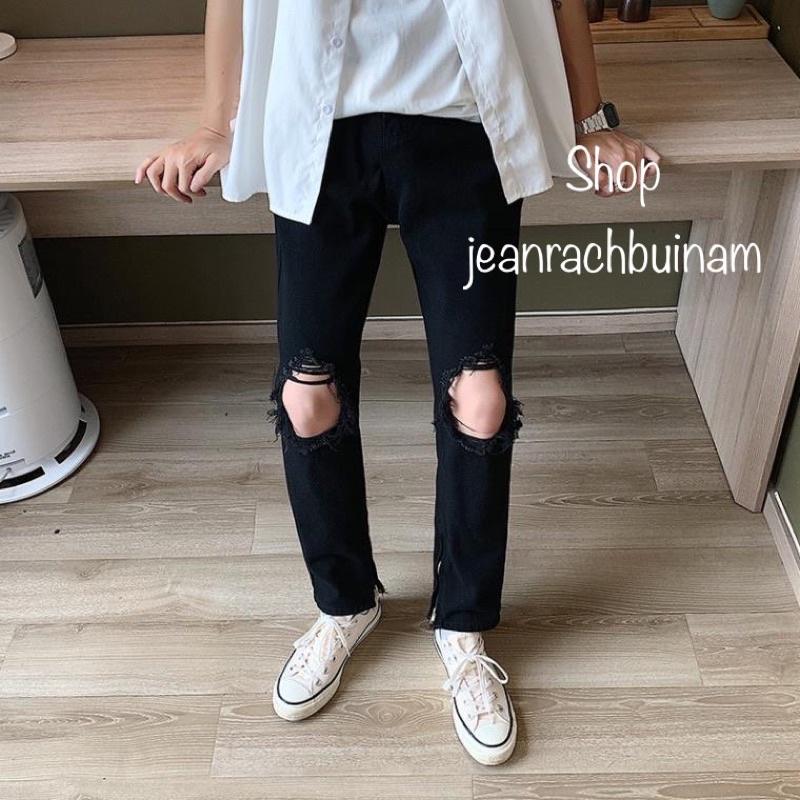 Quần Jean Nam Rách Tròn Đầu Gối Kèm Khóa Zip Cực Chất