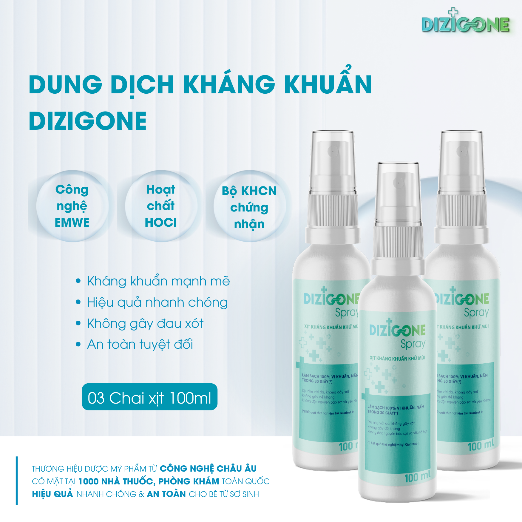 Xịt kháng khuẩn DIZIGONE chăm sóc tổn thương lành nhanh, không đau xót, tái tạo da, ngăn ngừa sẹo - 3 chai 100ml